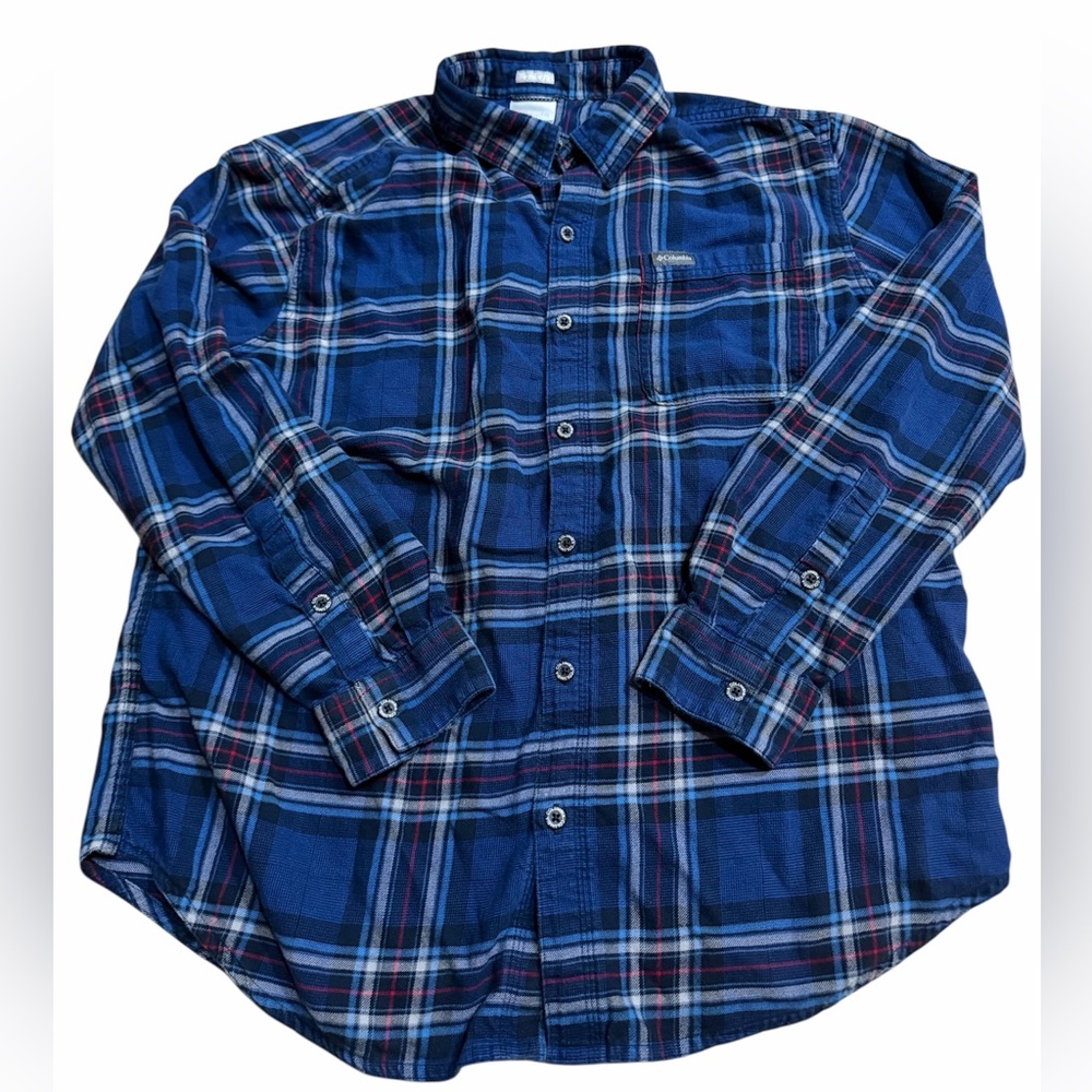 Columbia Plaid Flannel Shirt Mens Large Blue Red Long Sleeve Button Up Outdoor